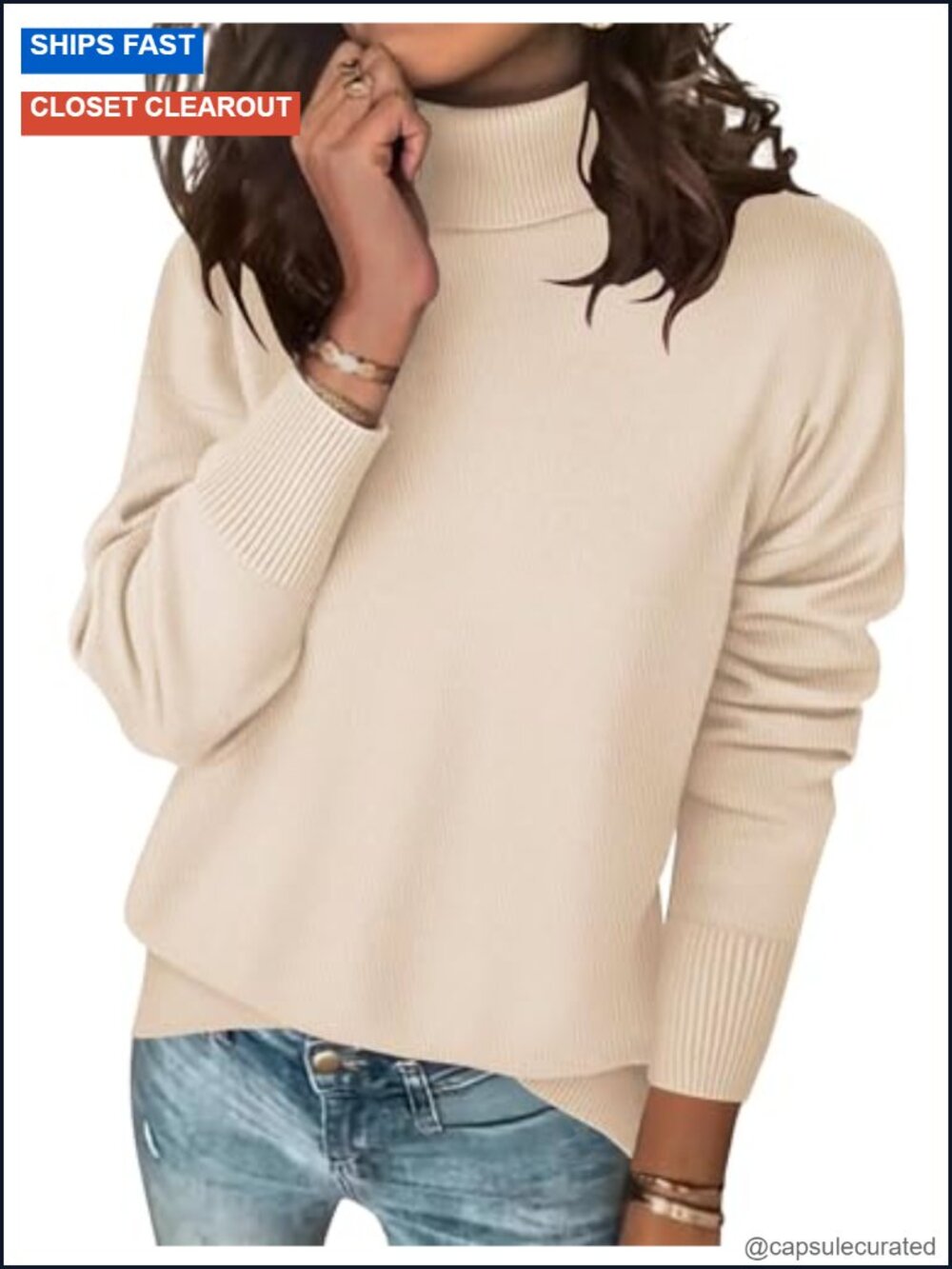 Women Turtleneck Sweater Ribbed Knit Pullover 50% Viscose Oversize High Neck